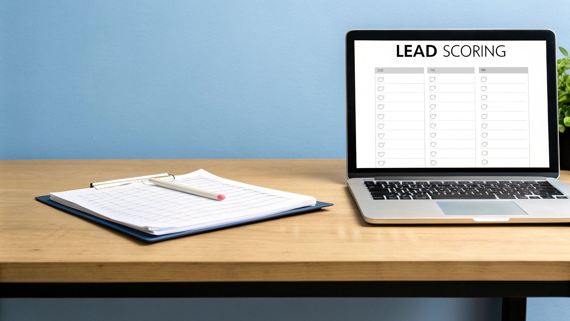 A laptop screen shows 'Lead Scoring' with a checklist, beside a clipboard and pen on a wooden desk.