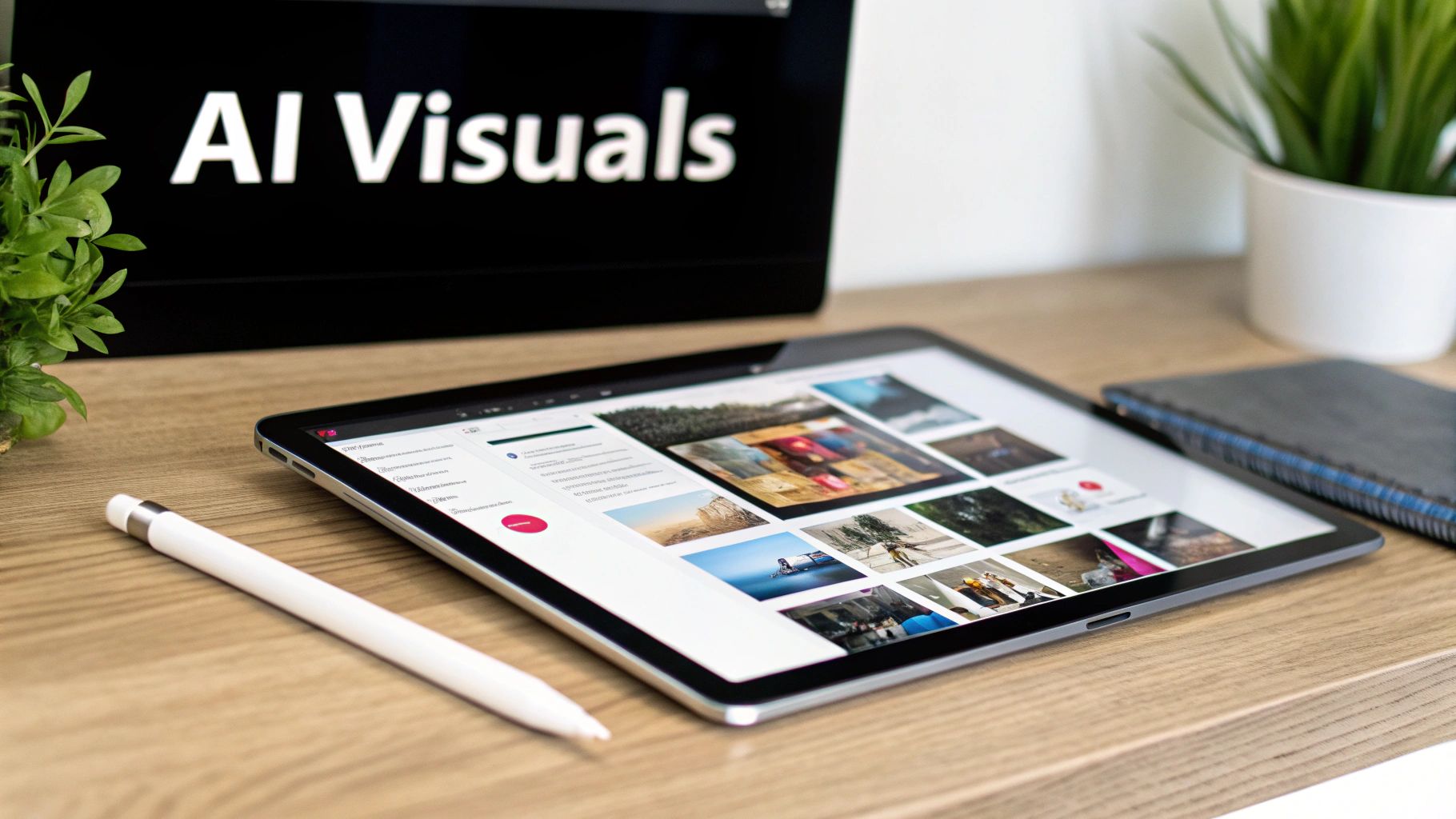 A digital tablet displaying an image gallery on a wooden desk, with a stylus and a sign saying 'AI Visuals'.