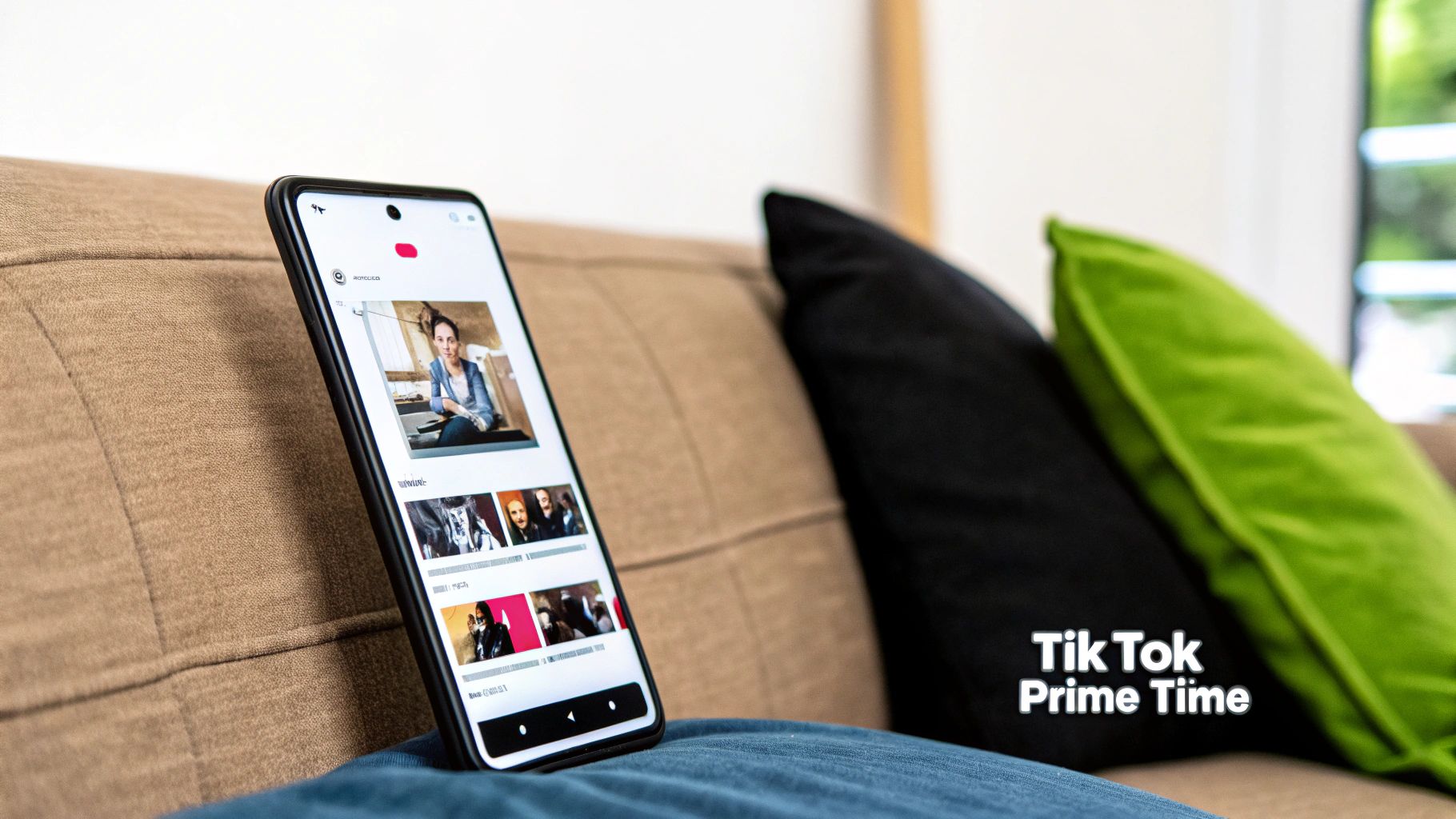 Smartphone displaying TikTok profile page propped against beige couch in modern living room setting