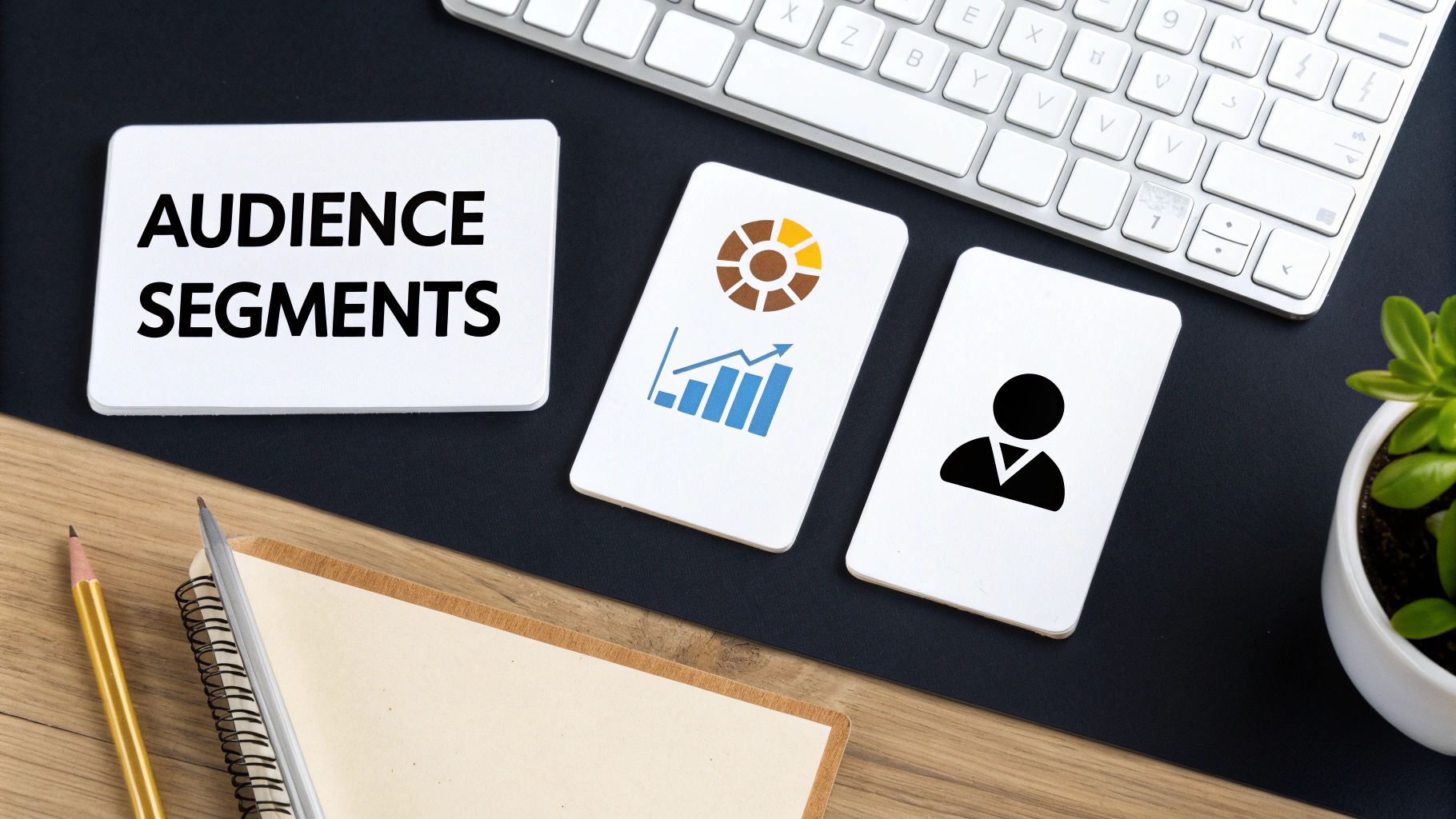 A desk flat lay with cards showing 'AUDIENCE SEGMENTS', data charts, and a person icon.