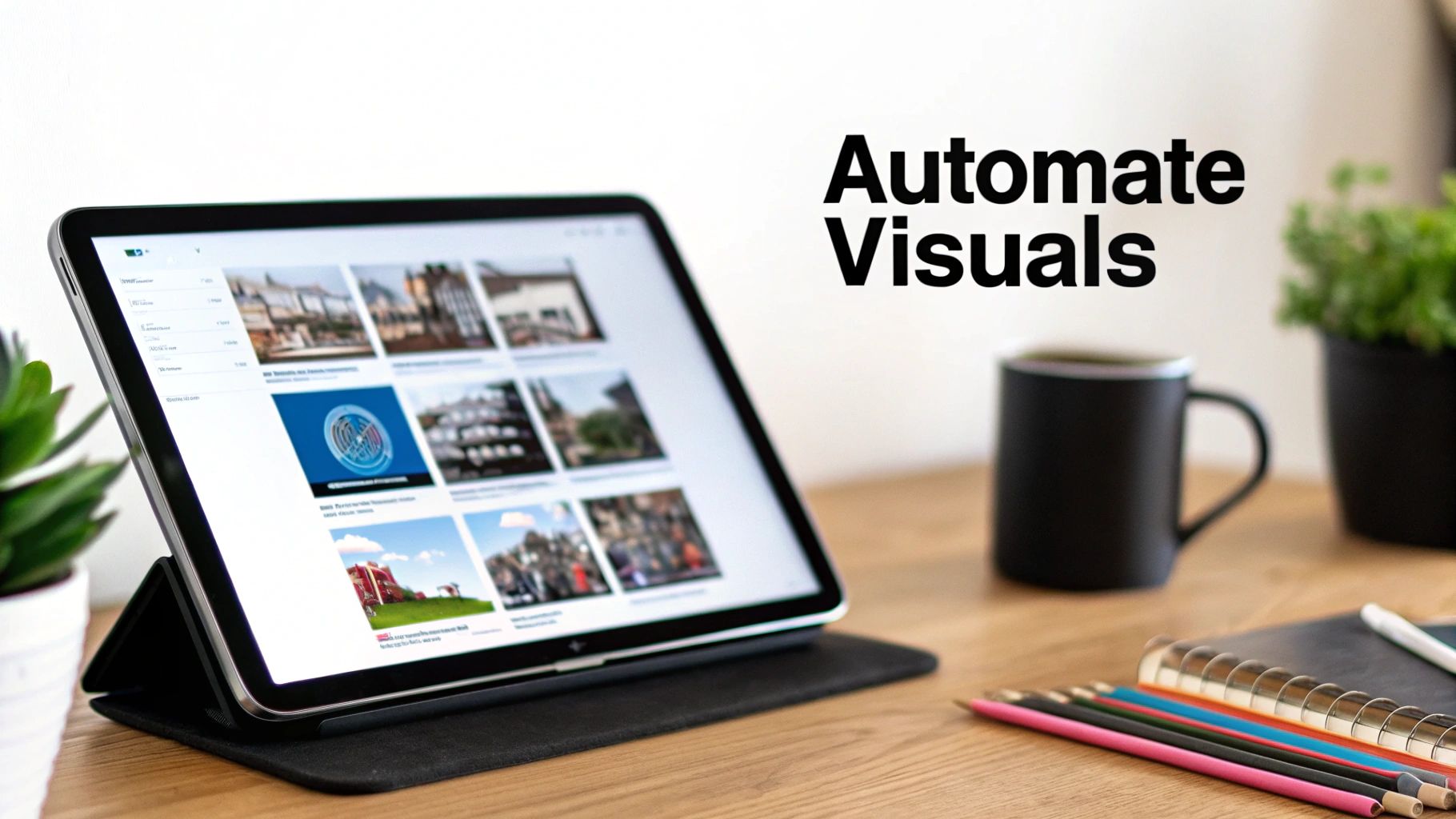 An iPad displaying various images, a black mug, notebooks, and pencils on a wooden desk, with text 'Automate Visuals'.