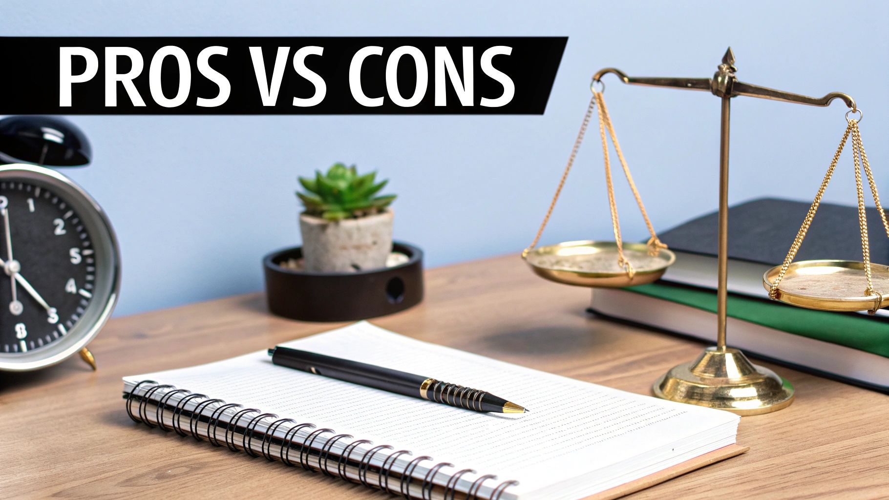 Desk setup with a scale of justice, notebook, pen, and a 'PROS VS CONS' banner.