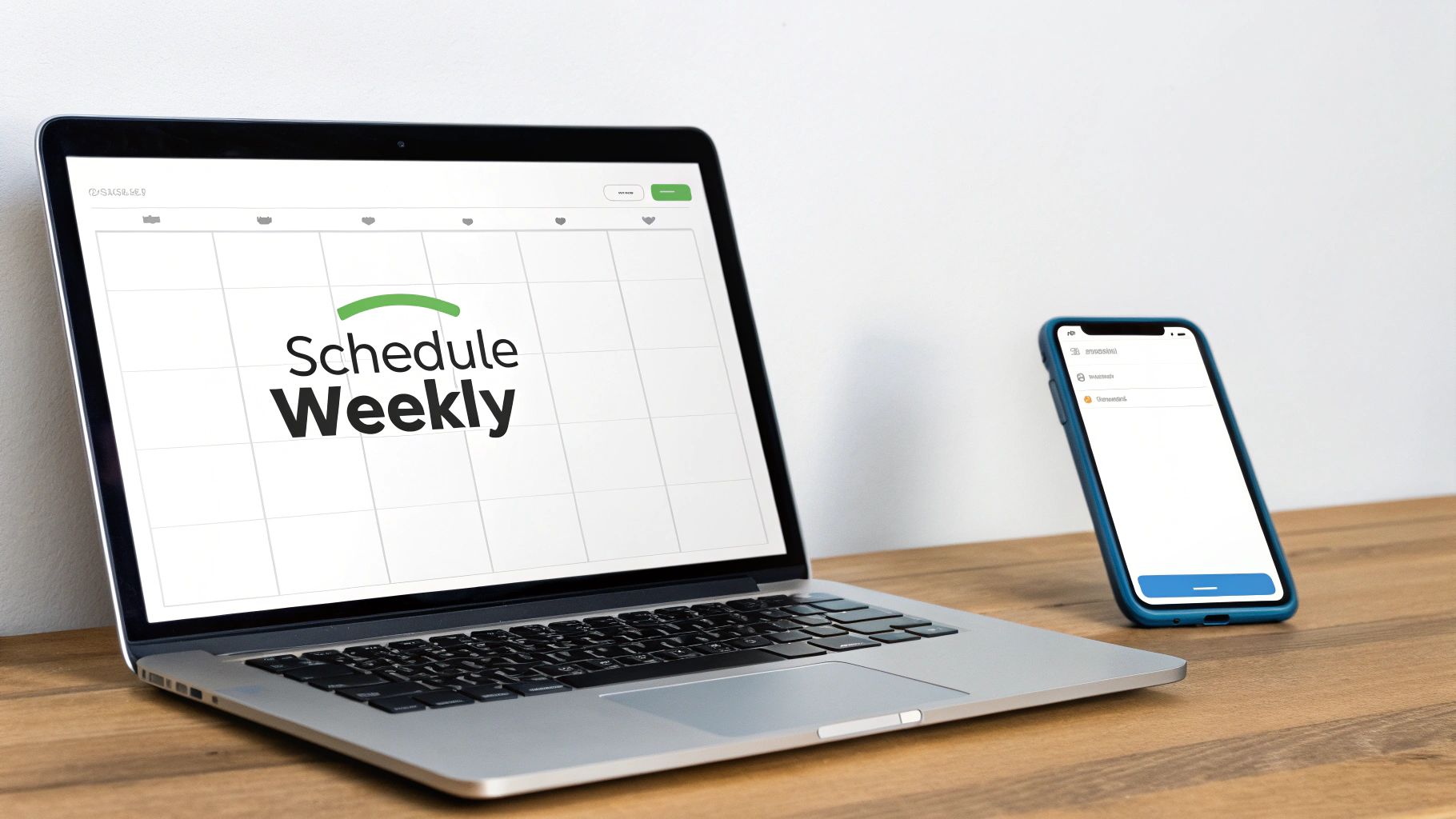 A laptop displaying 'Schedule Weekly' on a calendar grid next to a smartphone on a wooden desk.