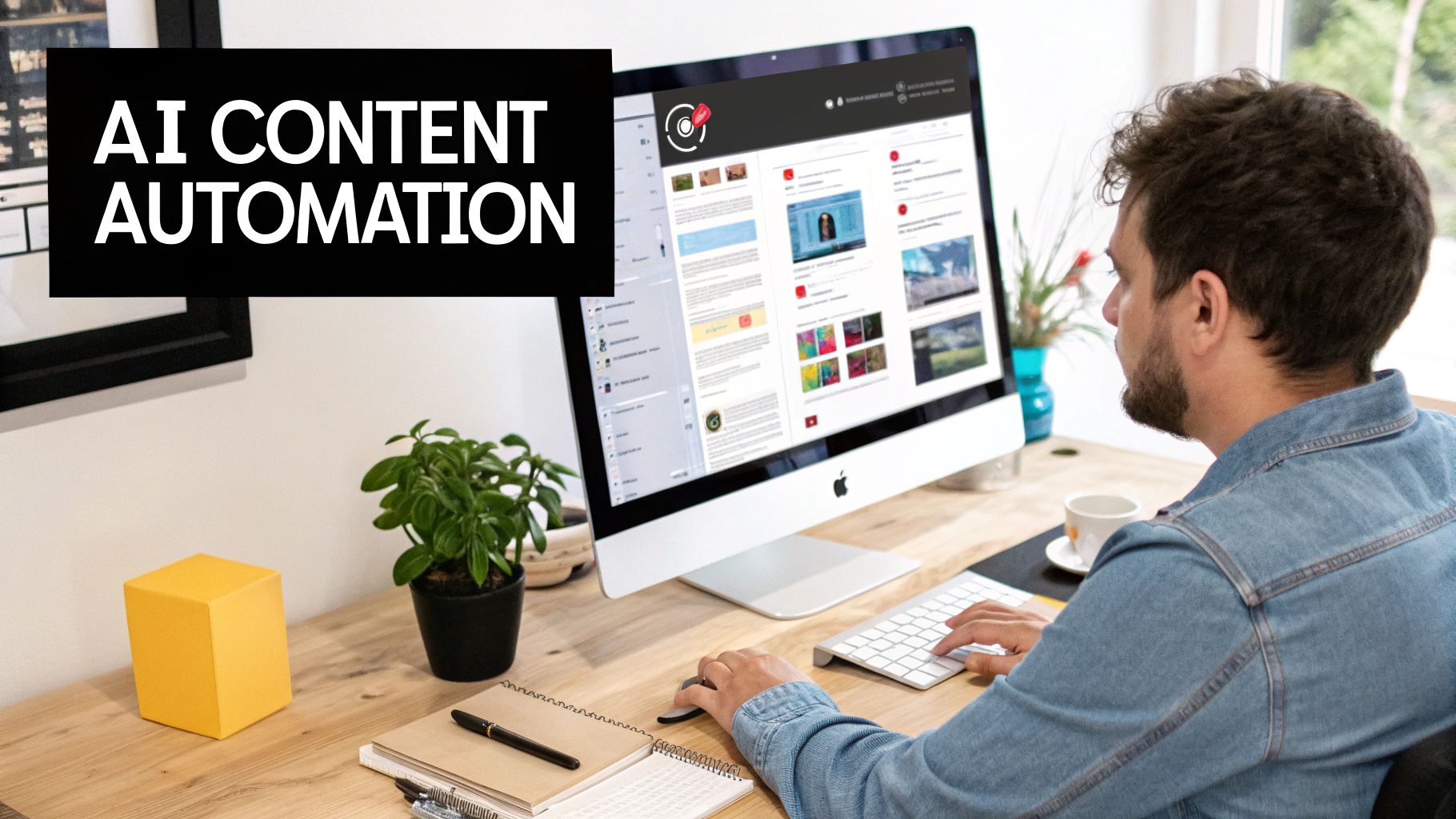 A man works on an Apple iMac with 'AI CONTENT AUTOMATION' displayed on a black banner.