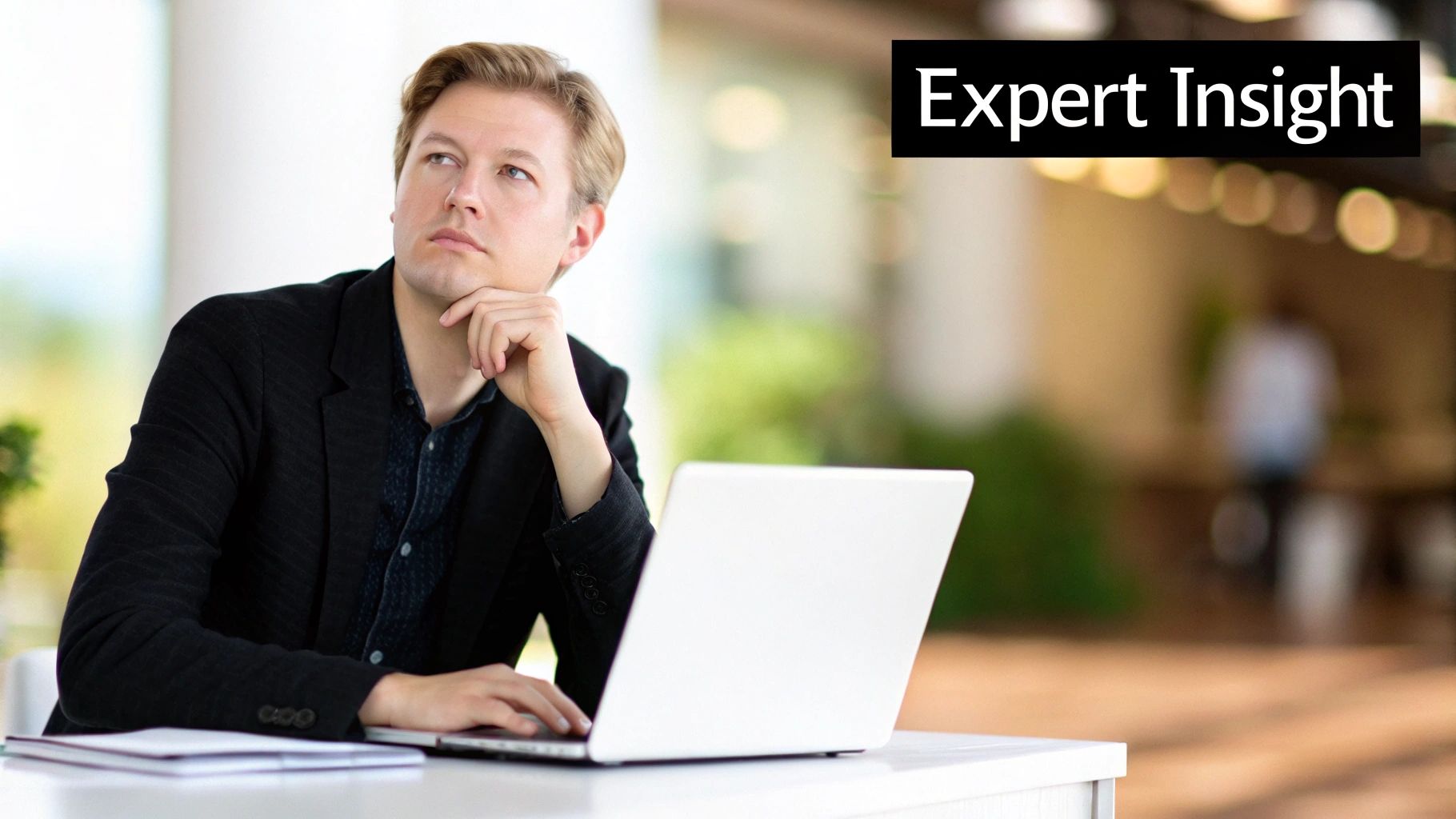 A thoughtful man in a blazer sits at a laptop, looking up, with 'Expert Insight' text.
