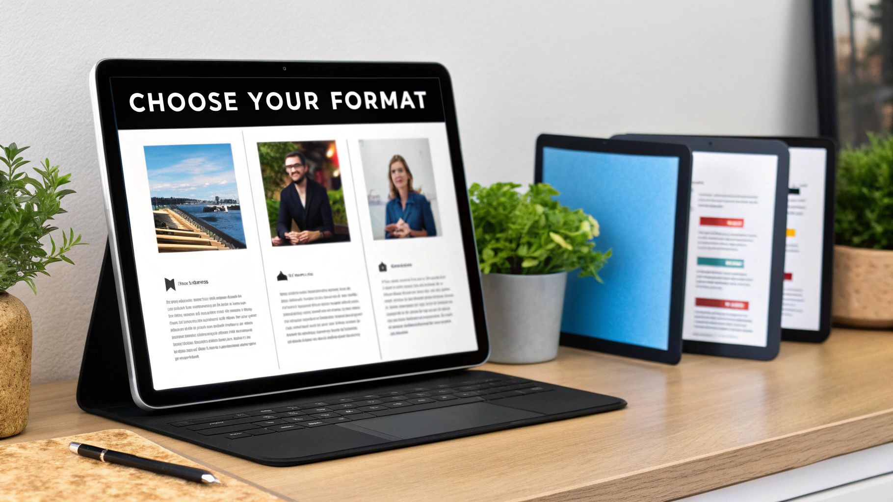 A digital tablet on a desk displaying engaging content formats and images for creation.