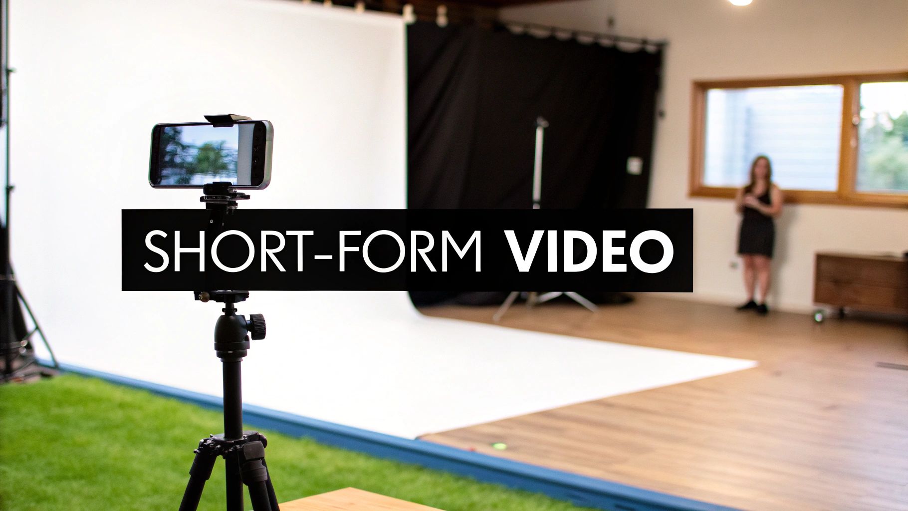 Smartphone mounted on tripod filming short-form video content in modern studio setup
