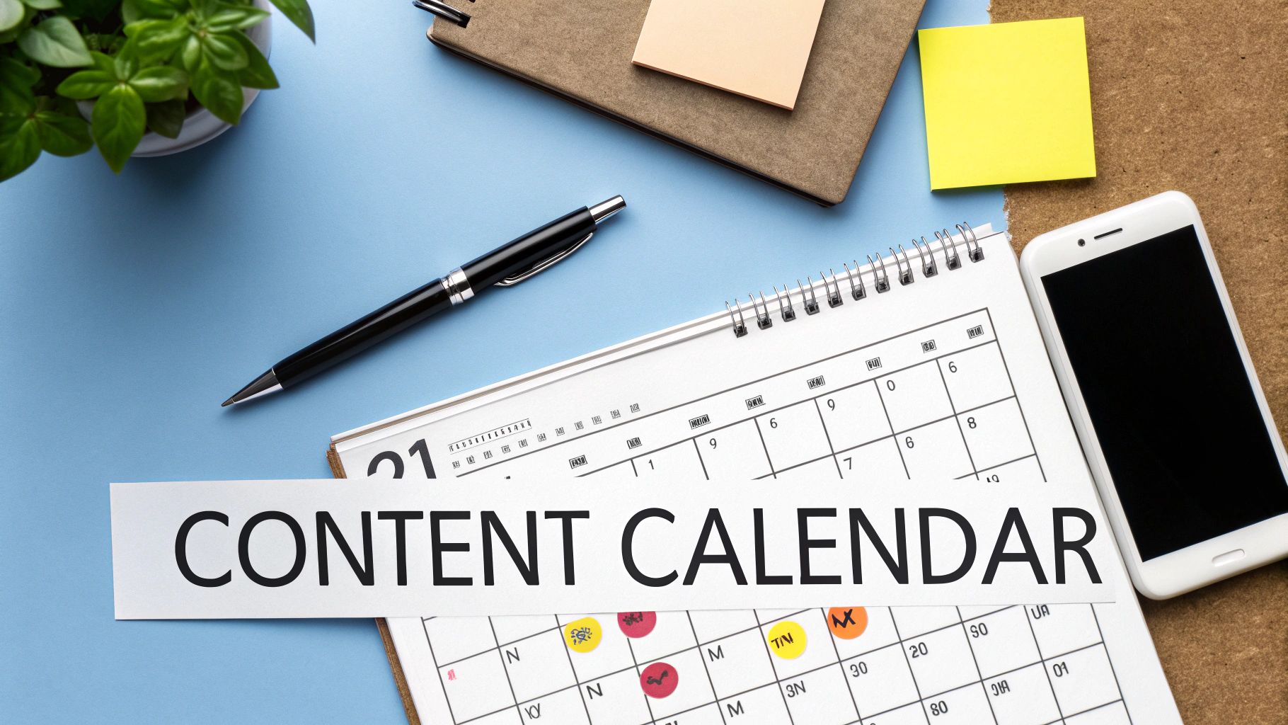 A content calendar with a pen, phone, and sticky notes on a blue desk.