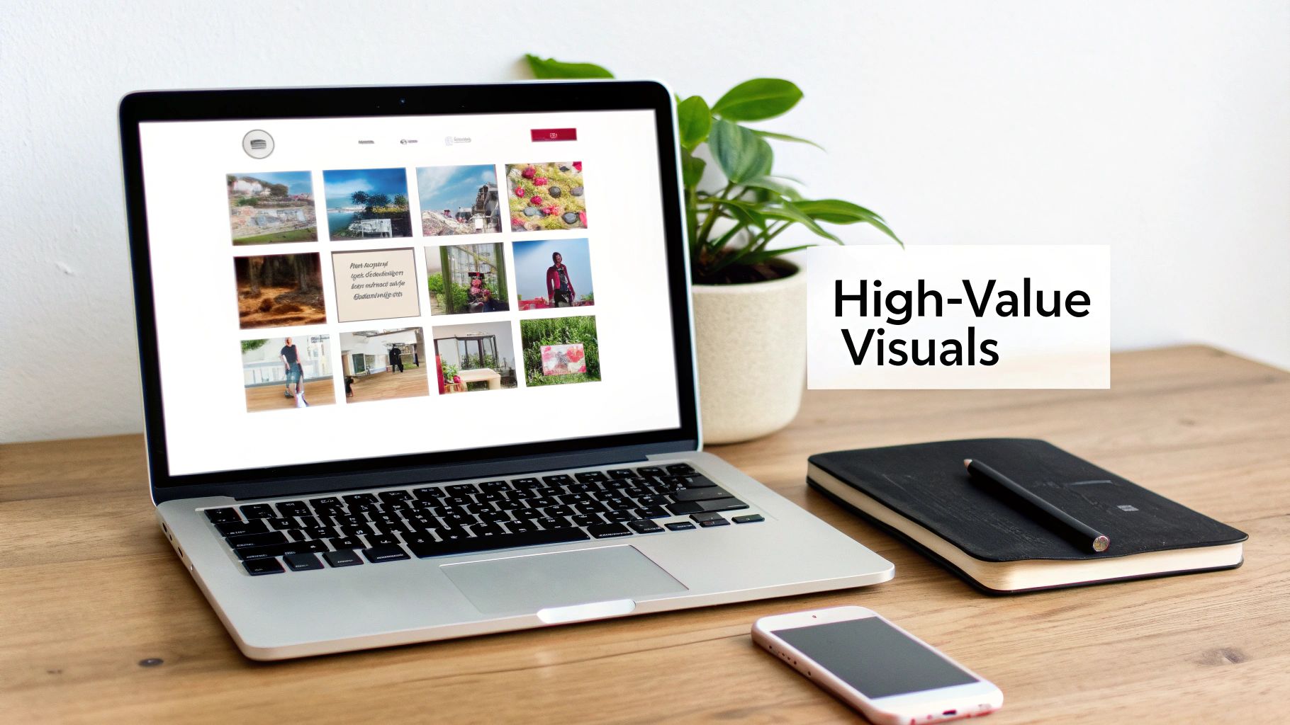 A person optimizing their Instagram profile on a smartphone, with icons for SEO, keywords, and hashtags floating around.