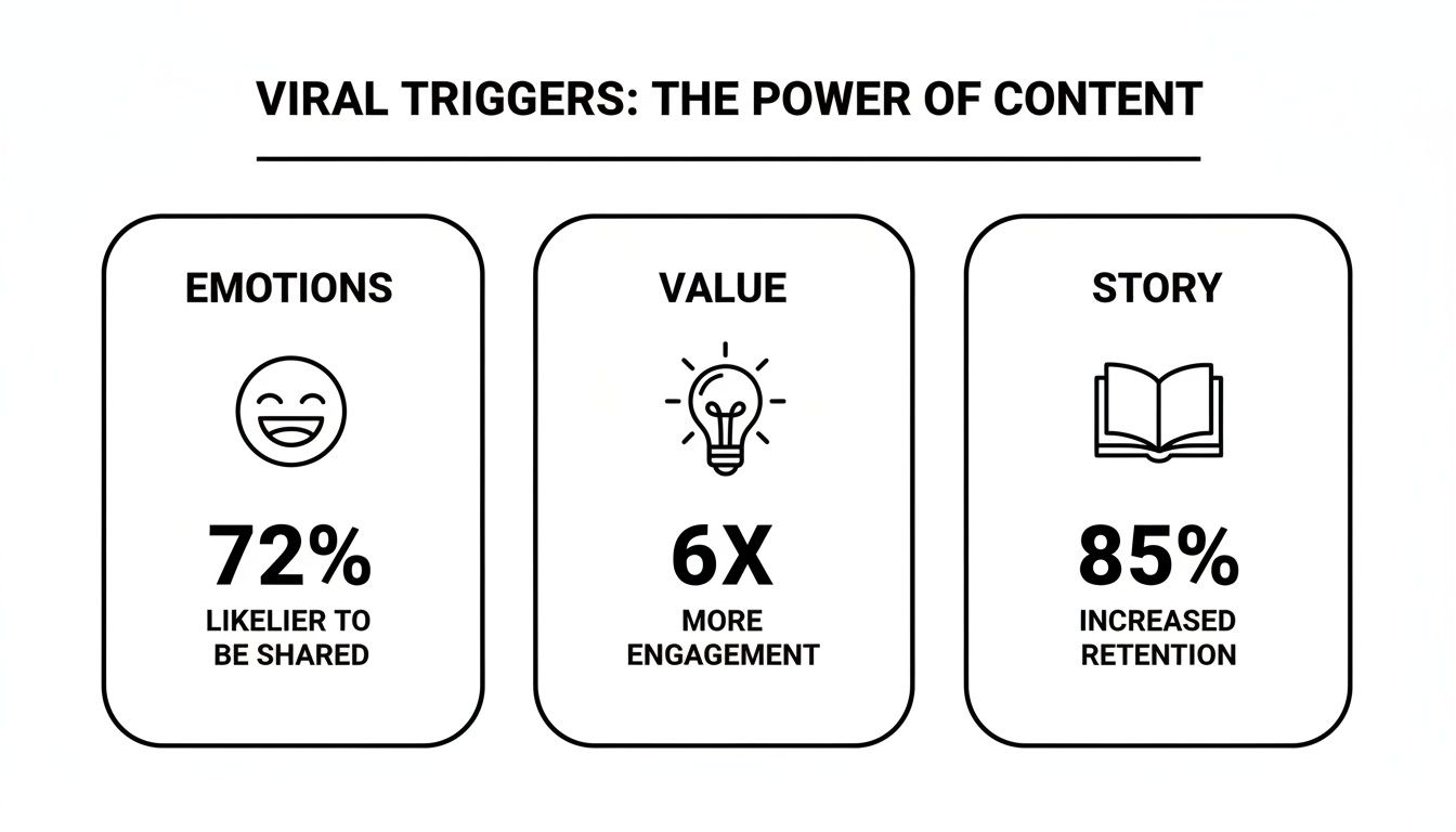 Infographic detailing viral content triggers: emotions, value, and story, with their respective engagement statistics.