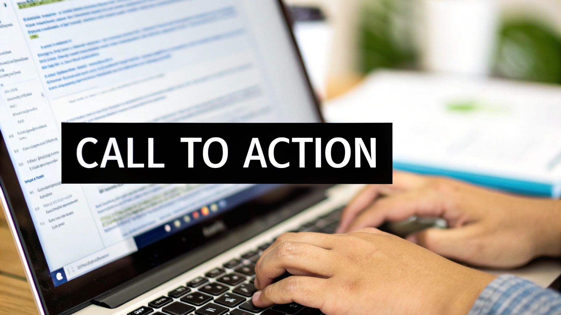 Hands typing on a laptop keyboard with a 'CALL TO ACTION' banner displayed over the screen.