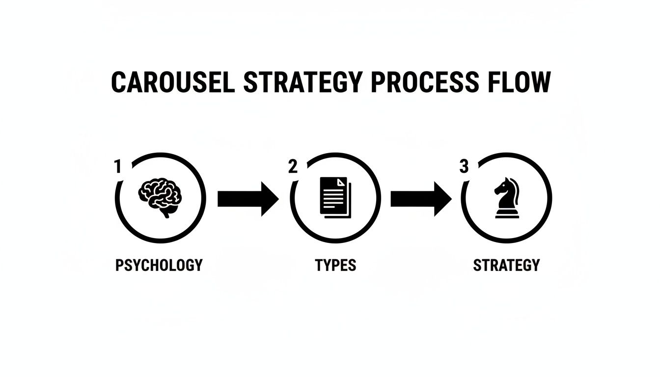 A process flow diagram illustrating the three steps of carousel strategy: psychology, types, and strategy.