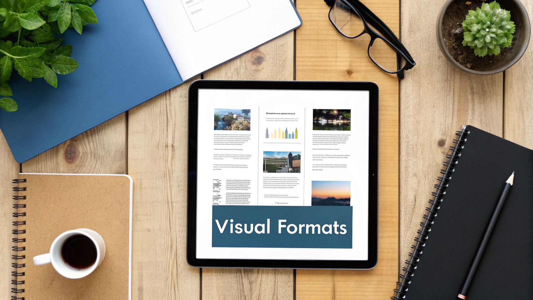 A top-down view of a wooden desk with a tablet showing