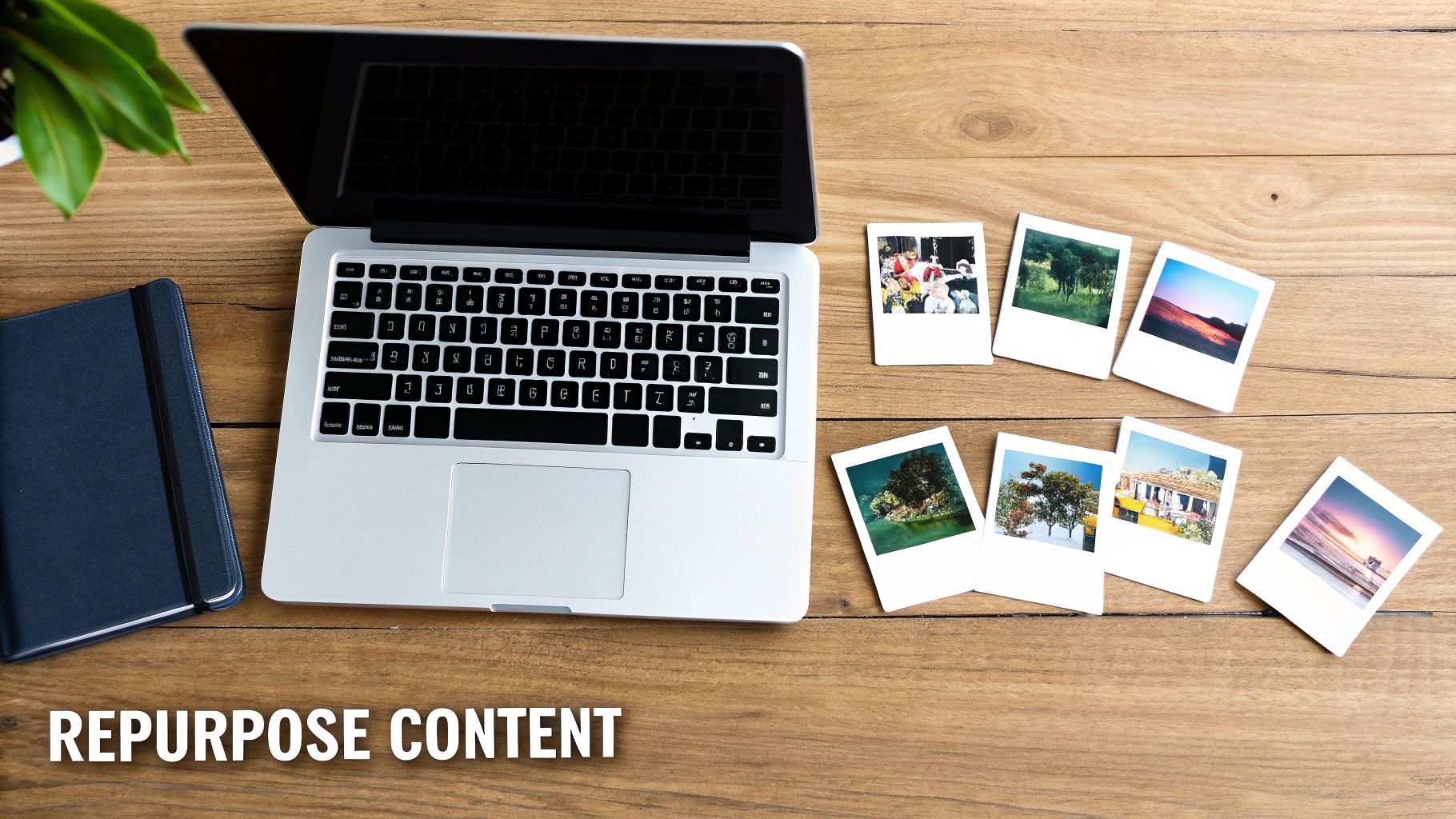 Overhead shot of a wooden desk with a laptop, notebook, plant, and scattered instant photos, with 'REPURPOSE CONTENT' text.