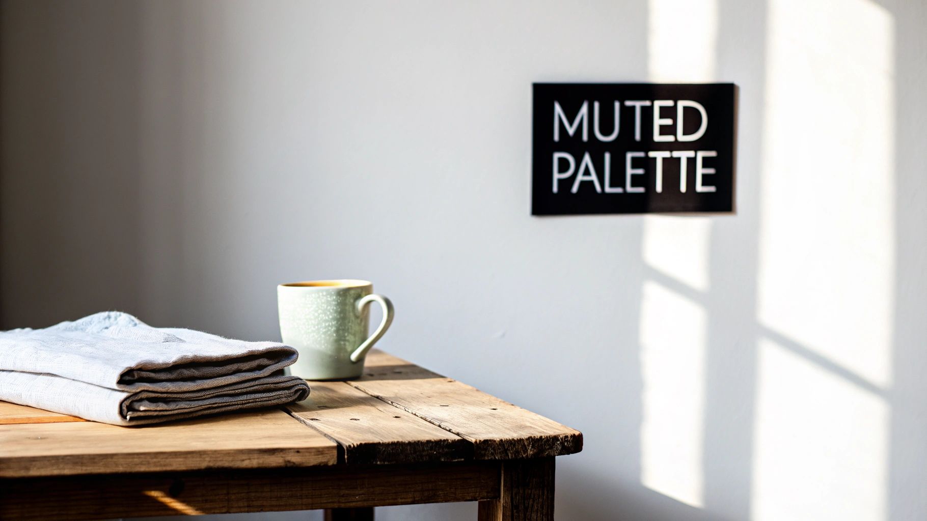A rustic wooden table holds folded light linen textiles and a green mug, with a 'MUTED PALETTE' sign.