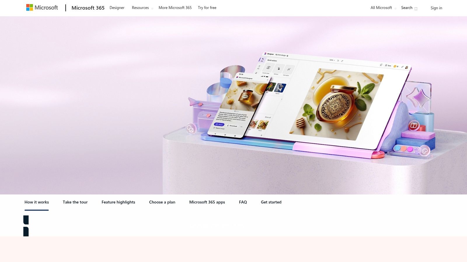 Microsoft Designer AI interface showing text-to-image generation and design suggestions.