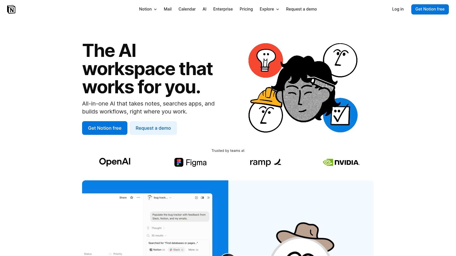 Notion AI interface showing writing and summary options within a document