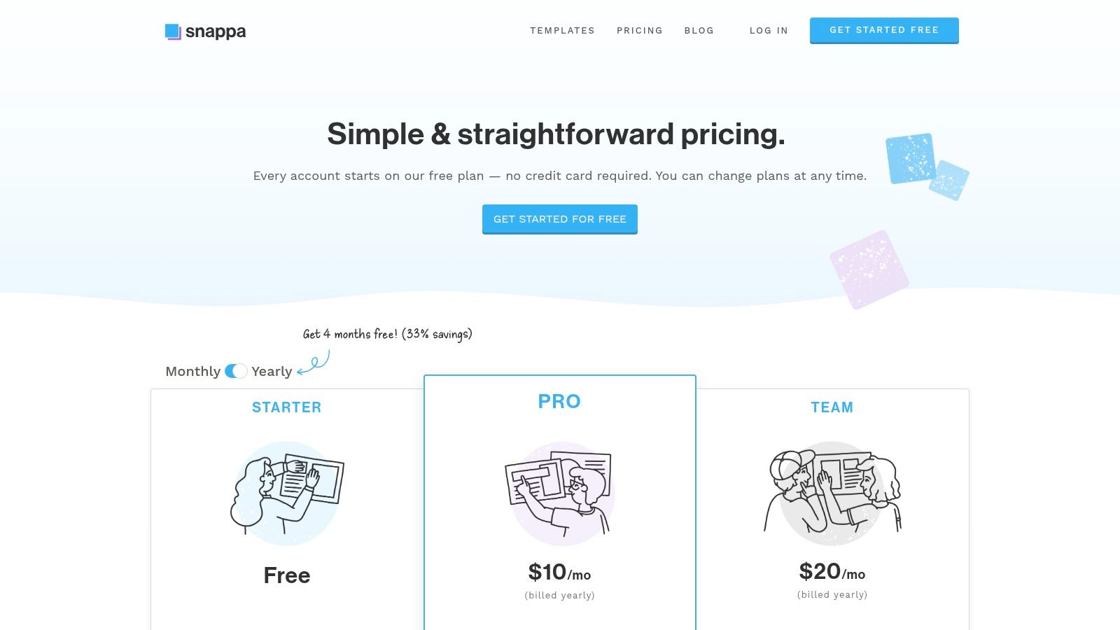 Snappa's pricing page highlighting its free and paid plan features.