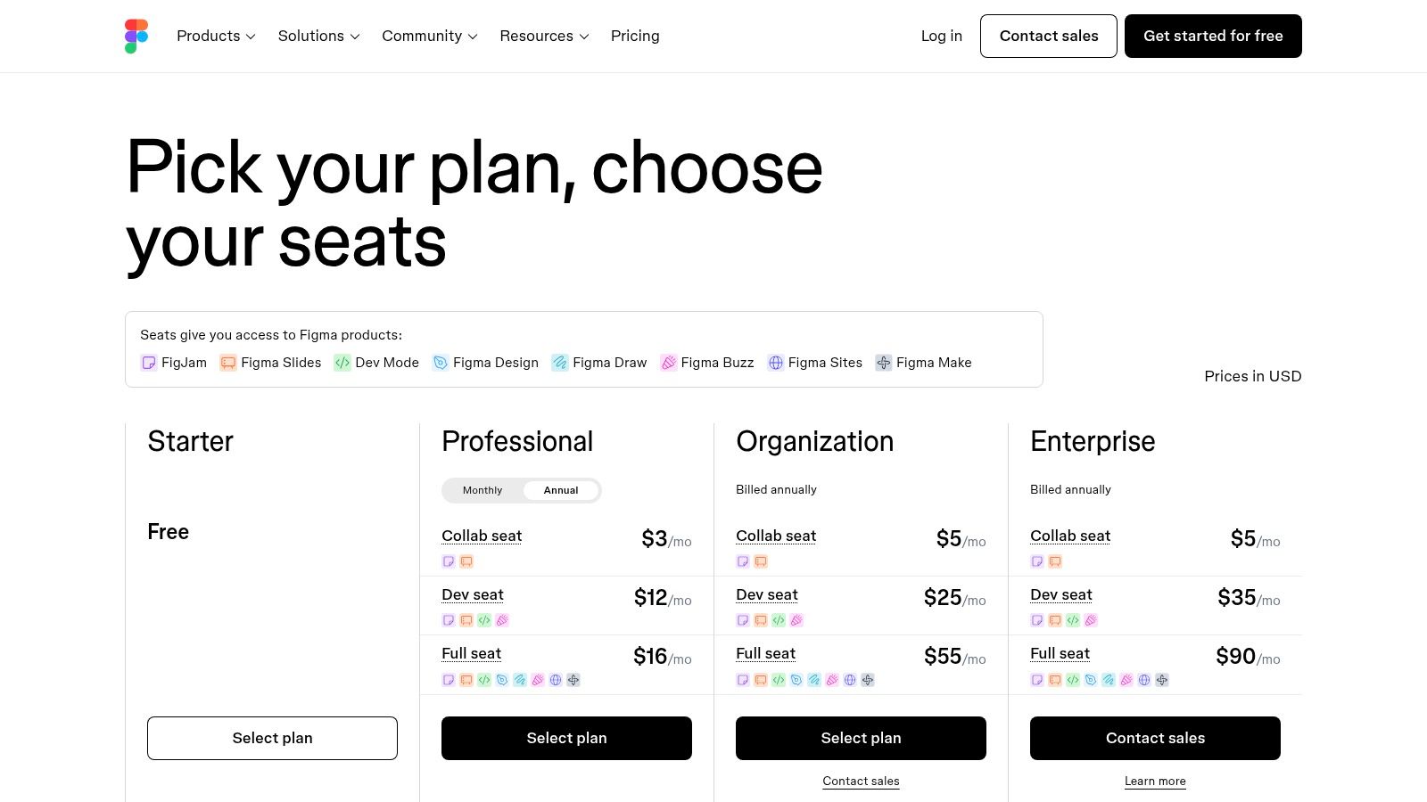 Figma's pricing page showing the details of its free Starter plan for individuals.