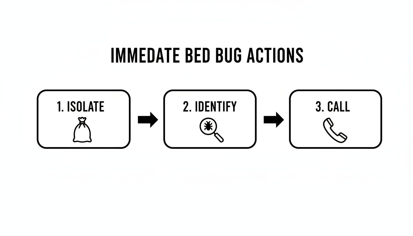 Illustrated steps for immediate bed bug control: isolate, identify with magnifier, and call.