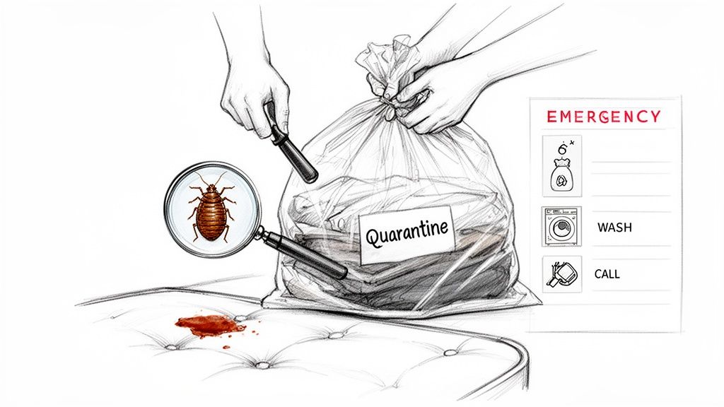 Emergency bed bug management steps: identifying bugs, quarantining items, washing, and calling for help.