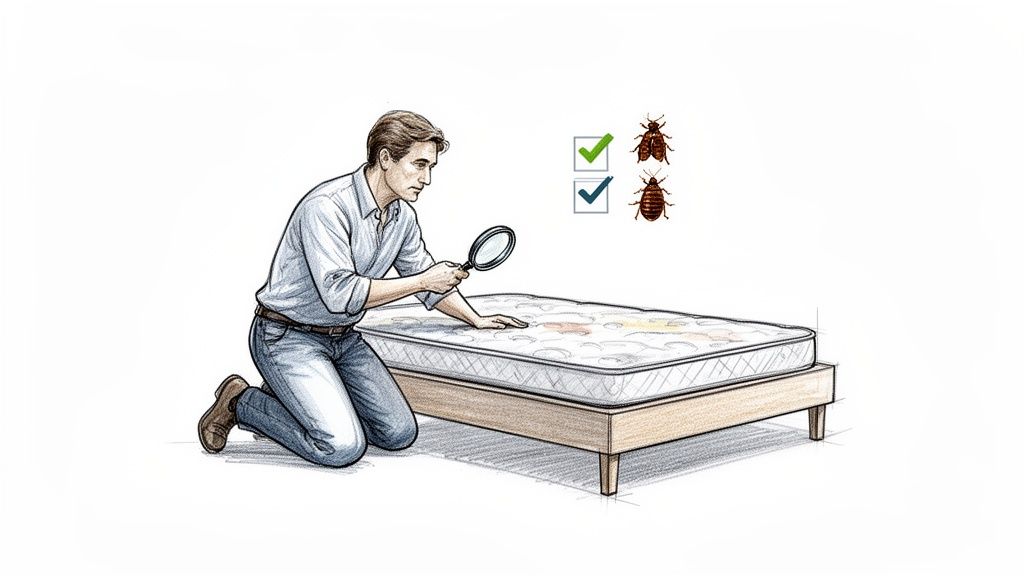 A man kneels, carefully inspecting a mattress with a magnifying glass for bed bugs.
