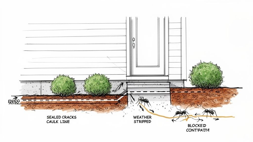 Illustration of ant prevention methods for a home, including sealed cracks, caulk line, and weather stripping.
