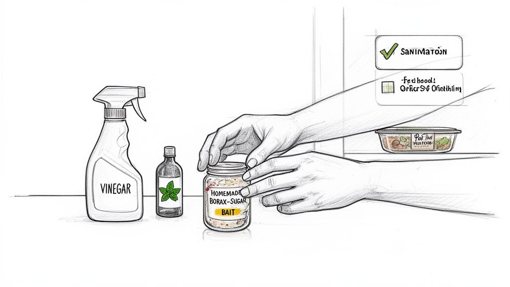 Hands preparing homemade borax-sugar ant bait, with vinegar spray and mint oil for natural pest control.