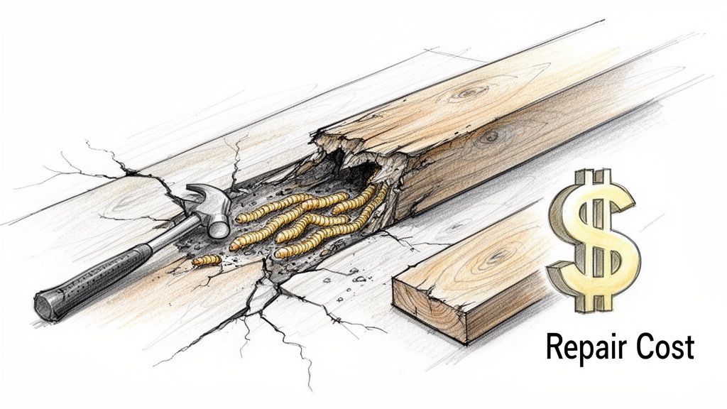 Illustration of a damaged wooden beam with termites or borers, a hammer, new wood, and a 'Repair Cost' dollar sign.