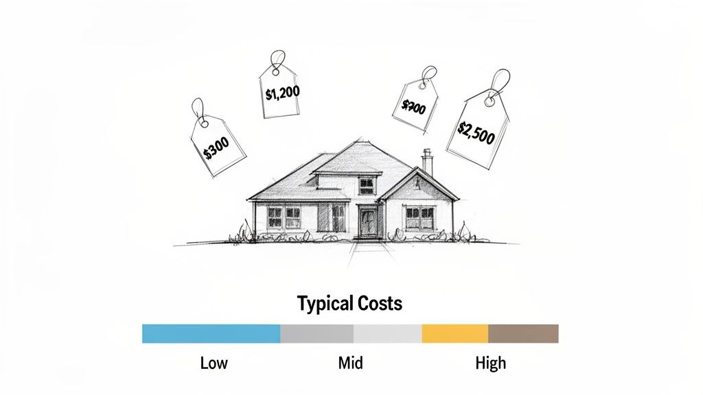 A sketch of a house with price tags showing various costs ($300, $1,200, $700, $2,500) and a 'Typical Costs' legend with low, mid, and high ranges.