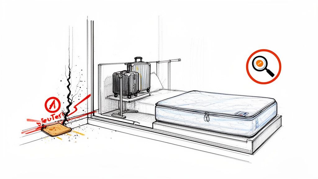 Illustration of a hotel room corner with bed, luggage, cracked wall, and bed bug detection system.