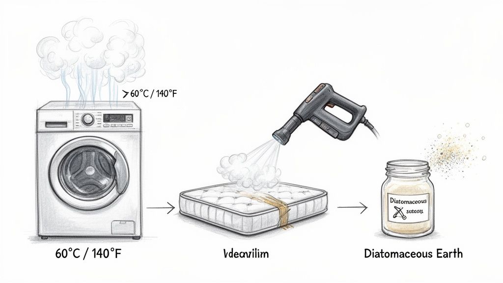 Illustration of three steps to eliminate pests: high-temperature washing, steam cleaning a mattress, and applying diatomaceous earth.