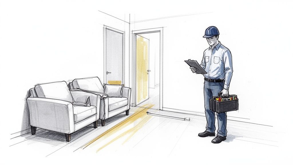 A technician in a hard hat inspects a room with armchairs, holding a clipboard and toolbox.