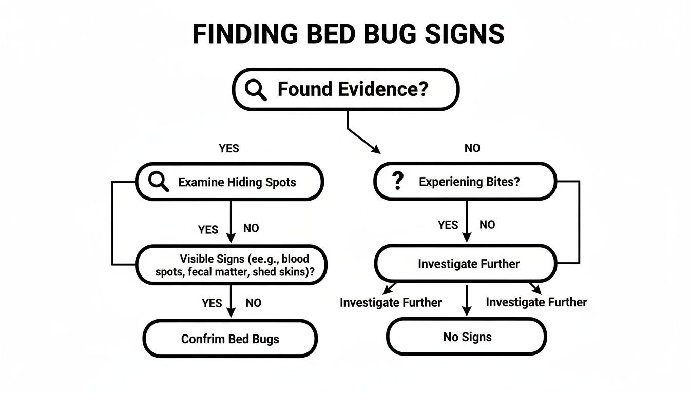 Flowchart detailing steps to find bed bug signs, from initial evidence to confirming infestation or no signs.