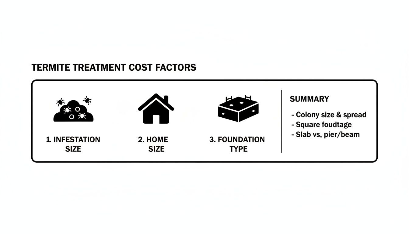Infographic illustrating key factors influencing termite treatment cost, including infestation size, home size, and foundation type.