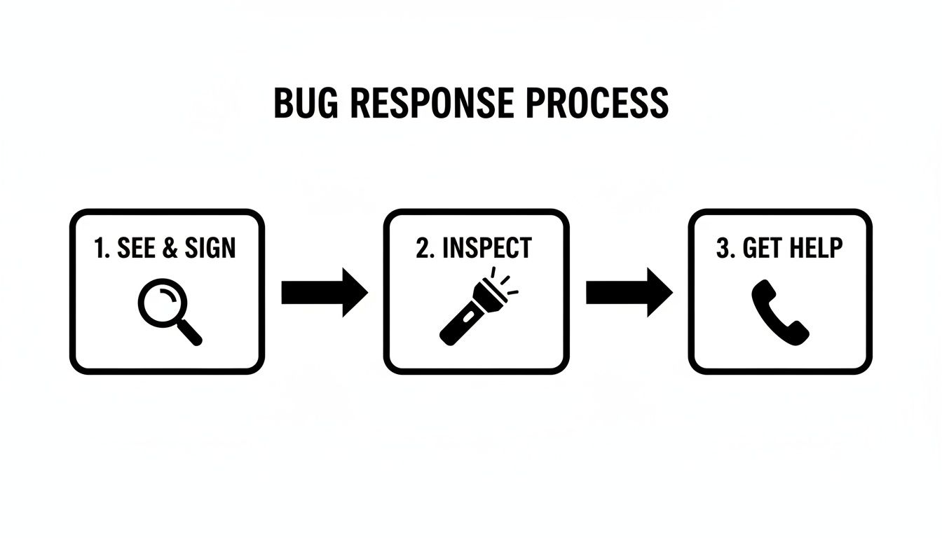 Flowchart illustrating a three-step bug response process: See & Sign, Inspect, and Get Help with icons.