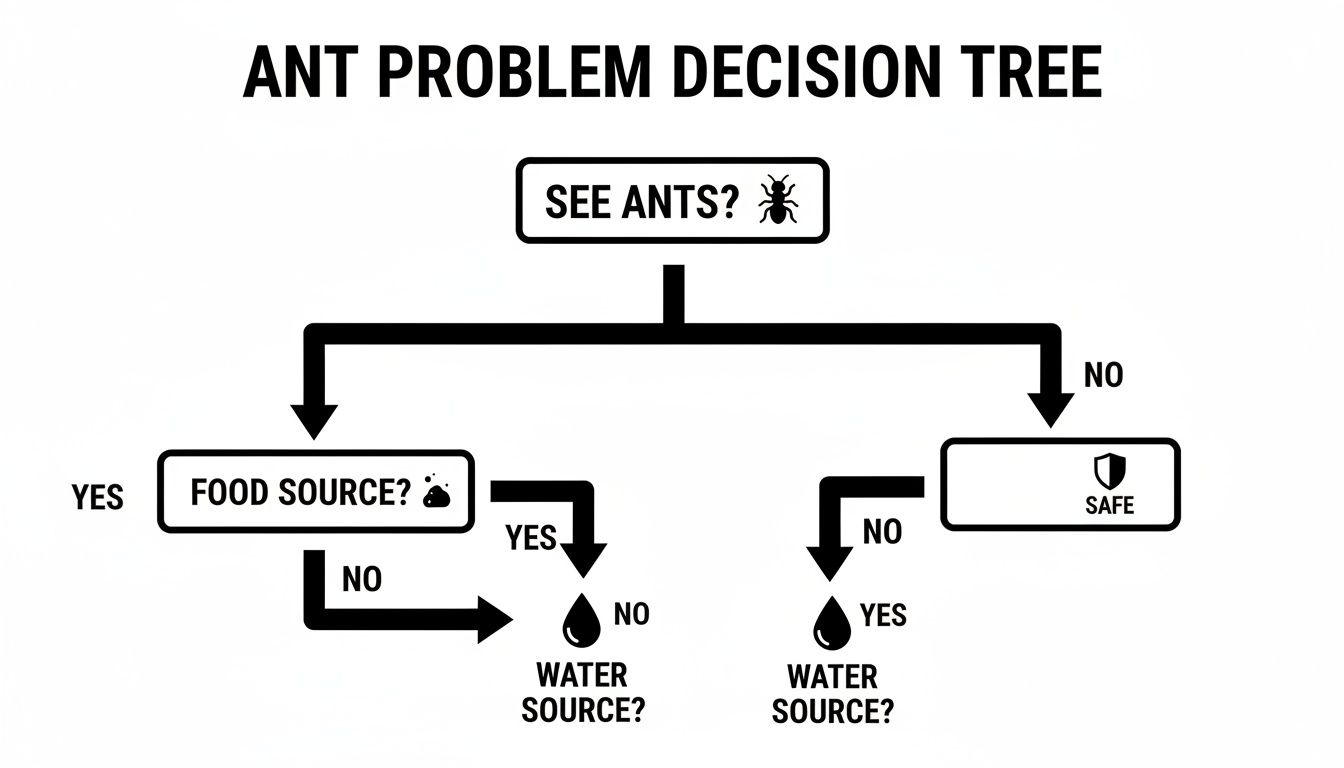 Decision tree flowchart for ant problems, guiding identification of food and water sources.