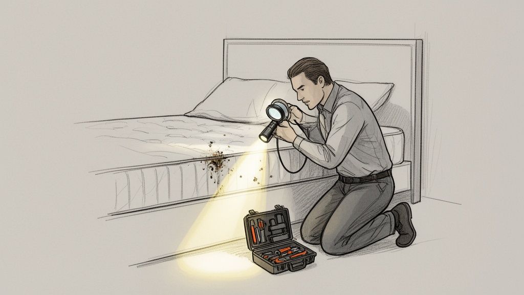 Man thoroughly examining a mattress edge with a flashlight and magnifying glass, looking for pests.