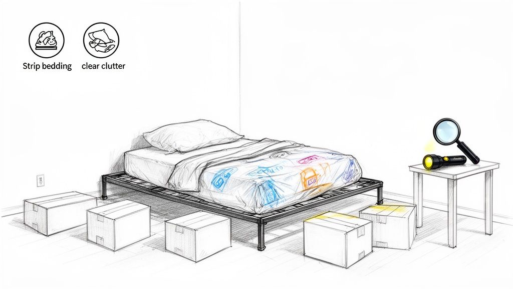 Detailed illustration of preparing a bedroom for a thorough bed bug inspection, showing a bare bed and inspection tools.