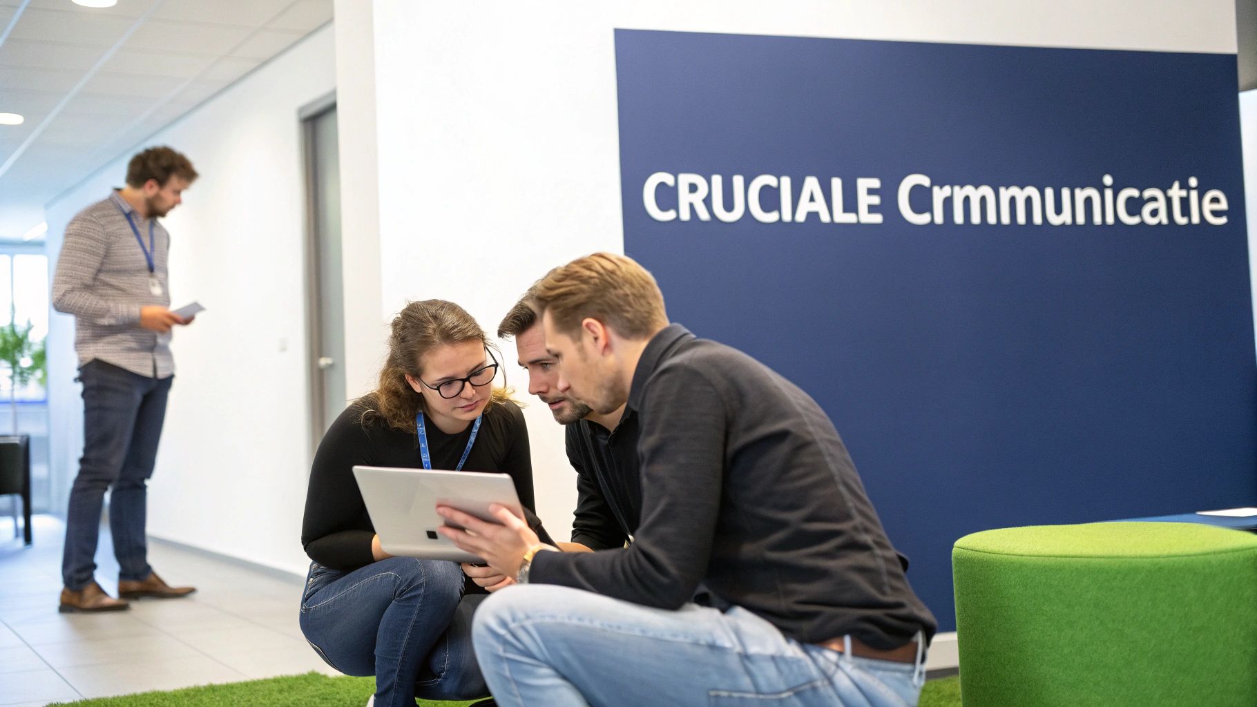 Twee collega's in een diepgaand gesprek in een modern kantoor.