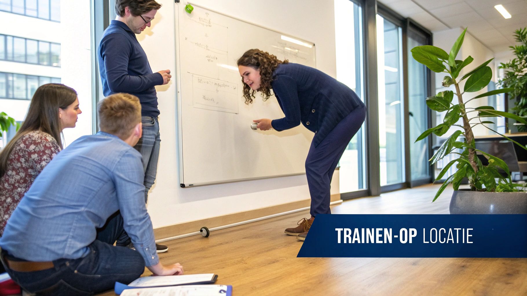 Teamleden werken samen tijdens een interactieve communicatietraining op locatie bij whiteboard