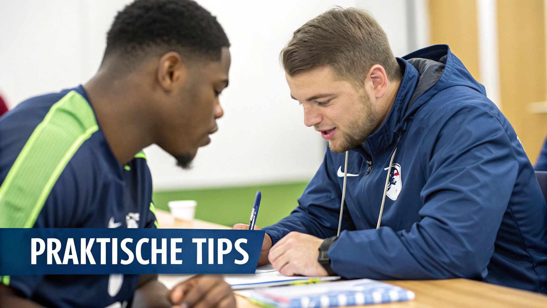 Twee mannen in sportkleding werken samen aan praktische tips tijdens een communicatie training sessie