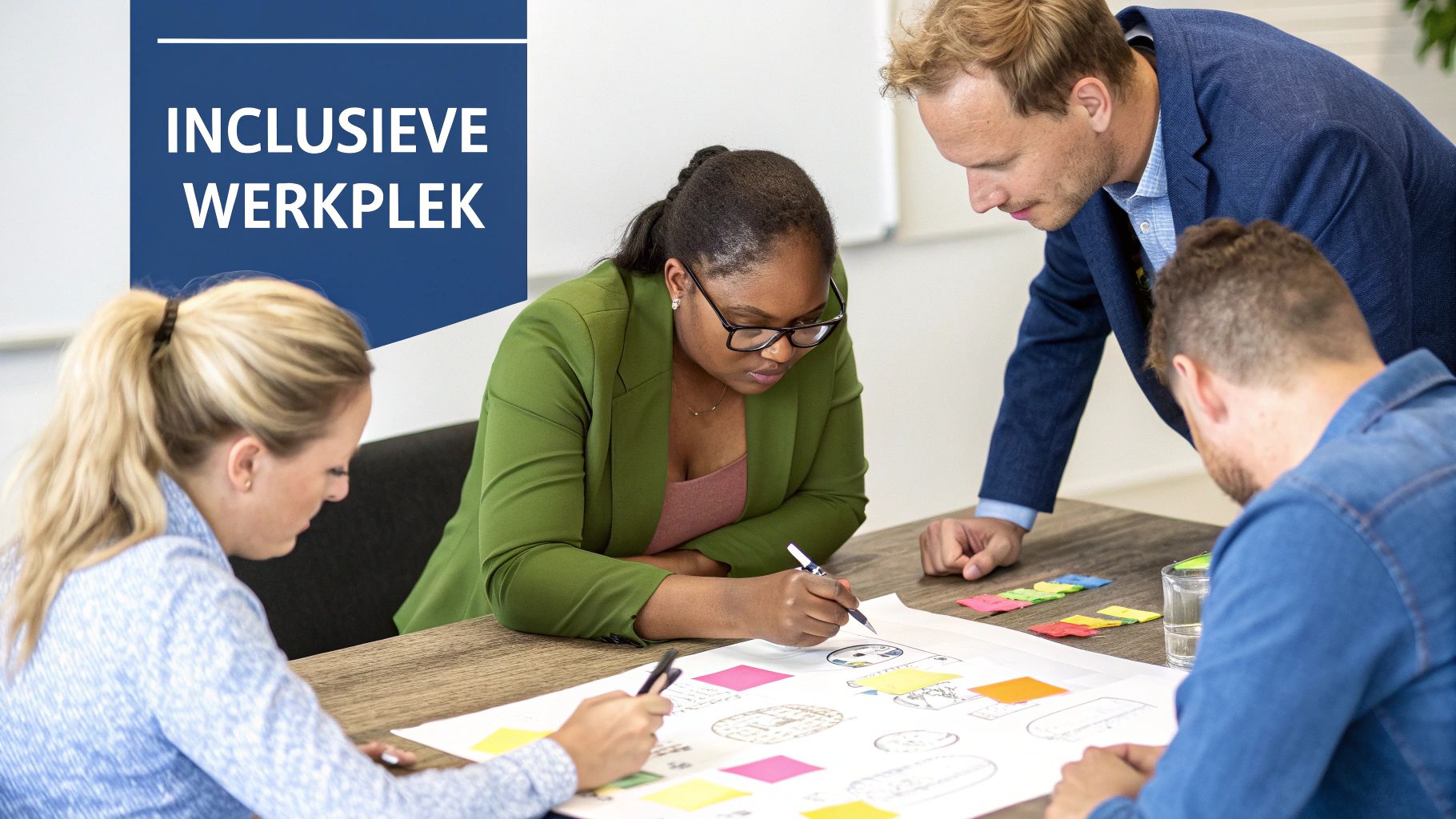 Een divers team werkt samen in een lichte, moderne kantoorruimte