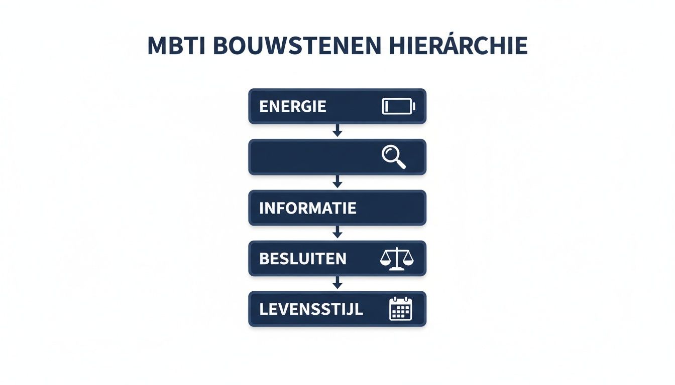 Diagram dat de MBTI bouwstenen hiërarchie visualiseert: energie, informatie, besluiten en levensstijl, elk met een bijpassend icoon.