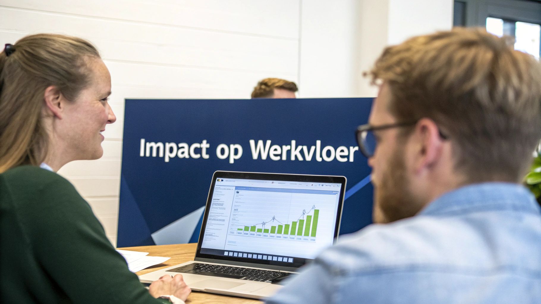 Een manager die in gesprek is met een teamlid in een modern kantoor, wat de impact van leiderschap illustreert.