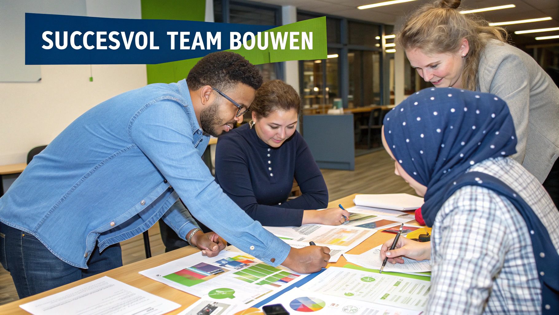 Een divers team werkt samen aan een project met post-its en een whiteboard.