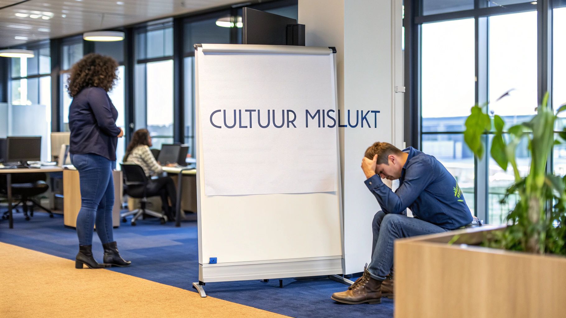 Twee personen die strategisch overleggen met post-its op een glazen wand, wat een cultuurveranderingsproces symboliseert.