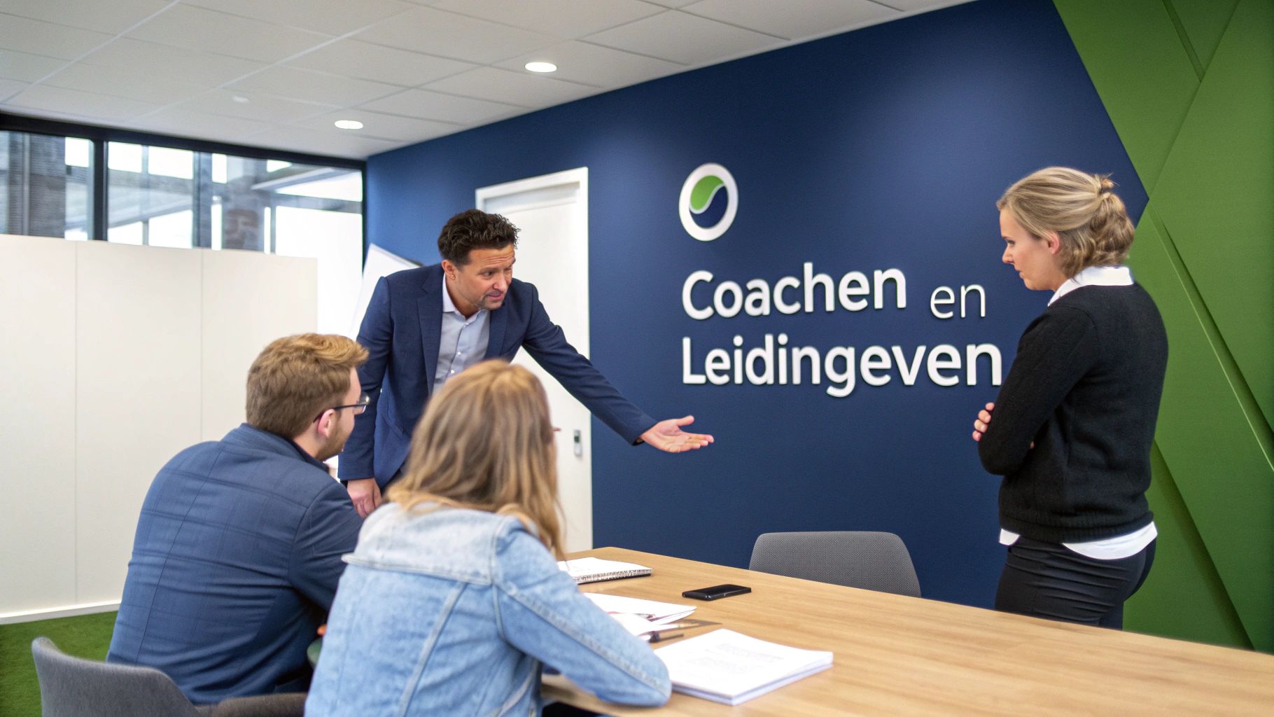 Een leider die haar team coacht in een moderne kantooromgeving