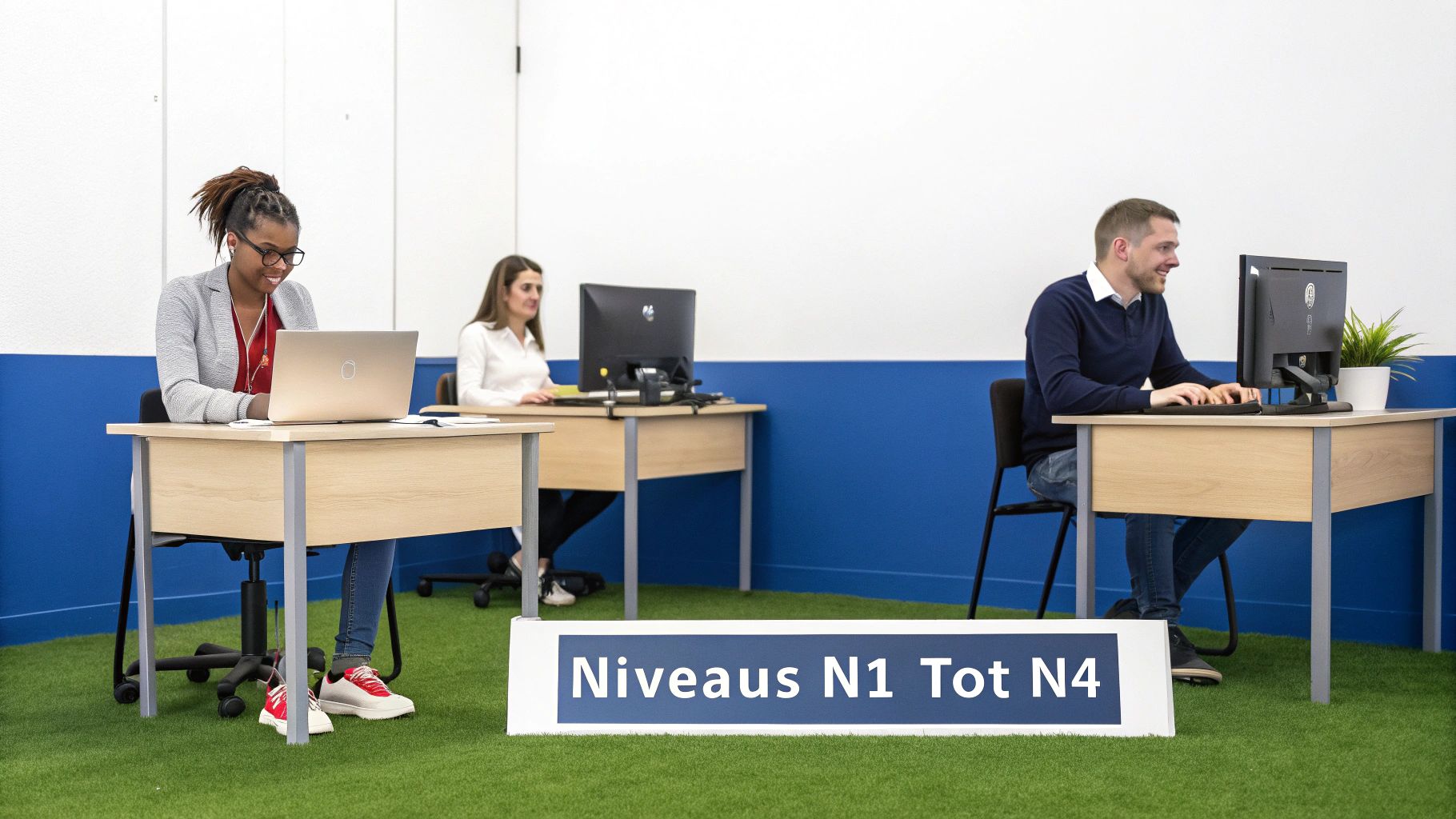 Vier mensen die samenwerken aan een tafel, waarbij ze diagrammen en grafieken bespreken, wat de verschillende ontwikkelingsniveaus in een team symboliseert