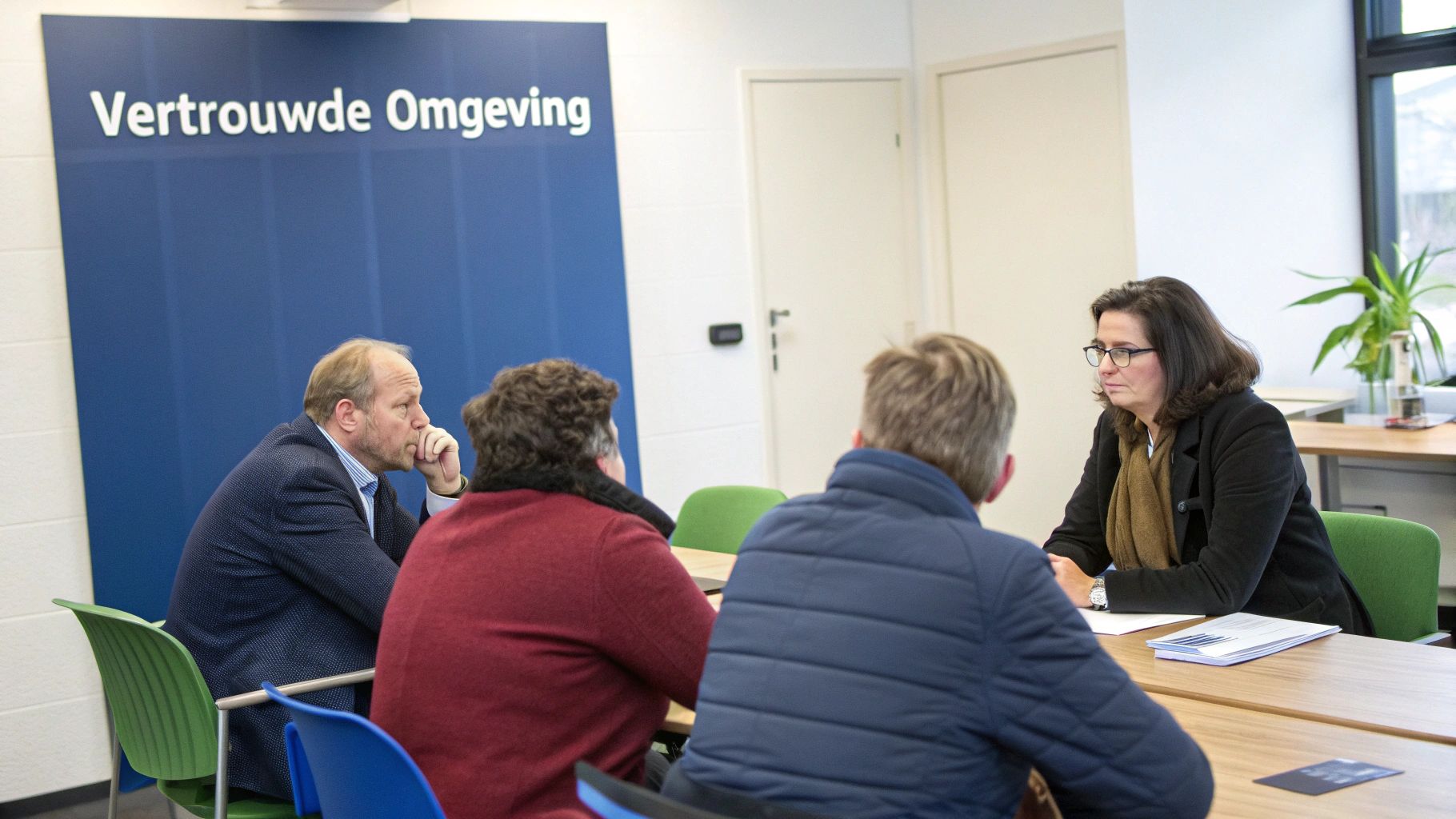 Professionele vergadering met vertrouwde omgeving banner, mensen in gesprek aan tafel tijdens communicatietraining